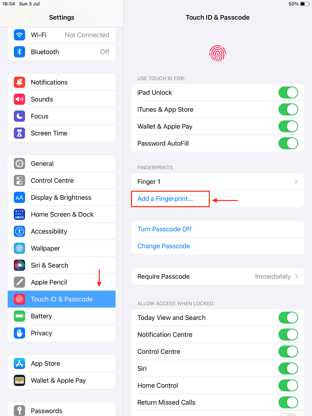 how to enable touch id on ipad air