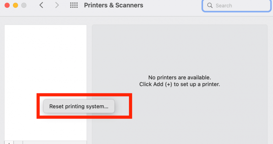 reset printing system mac